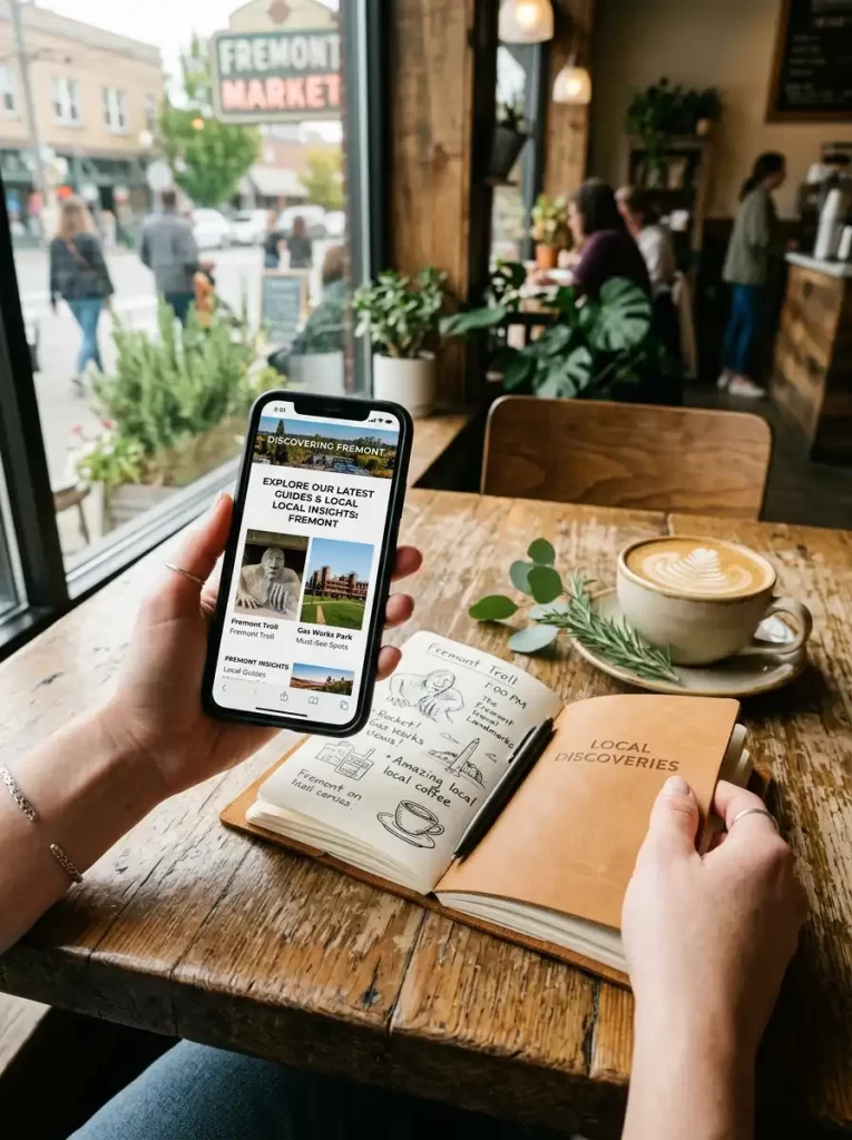 Hands holding smartphone and journal
